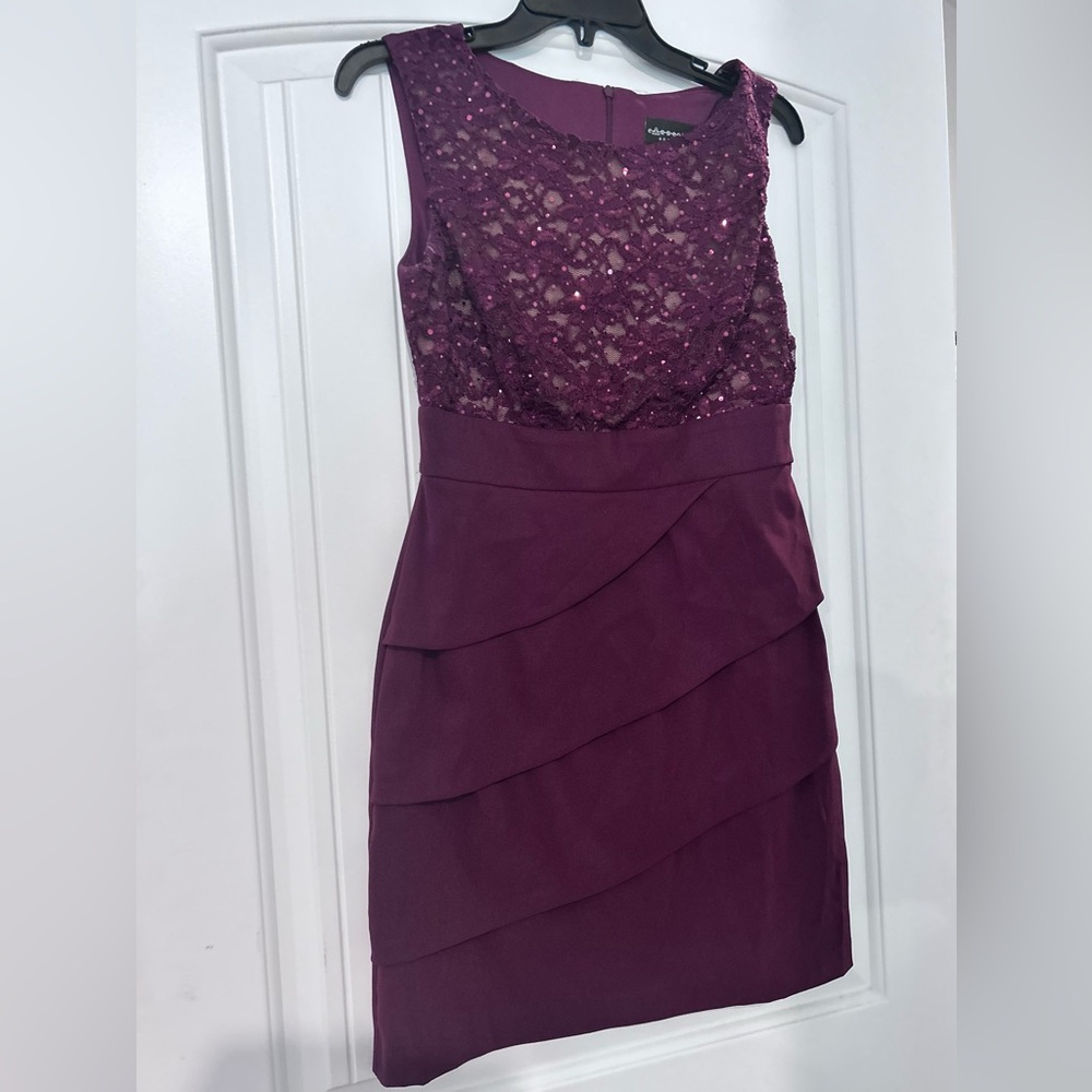 connected apparel Plum Lace & Tiered Midi Dress